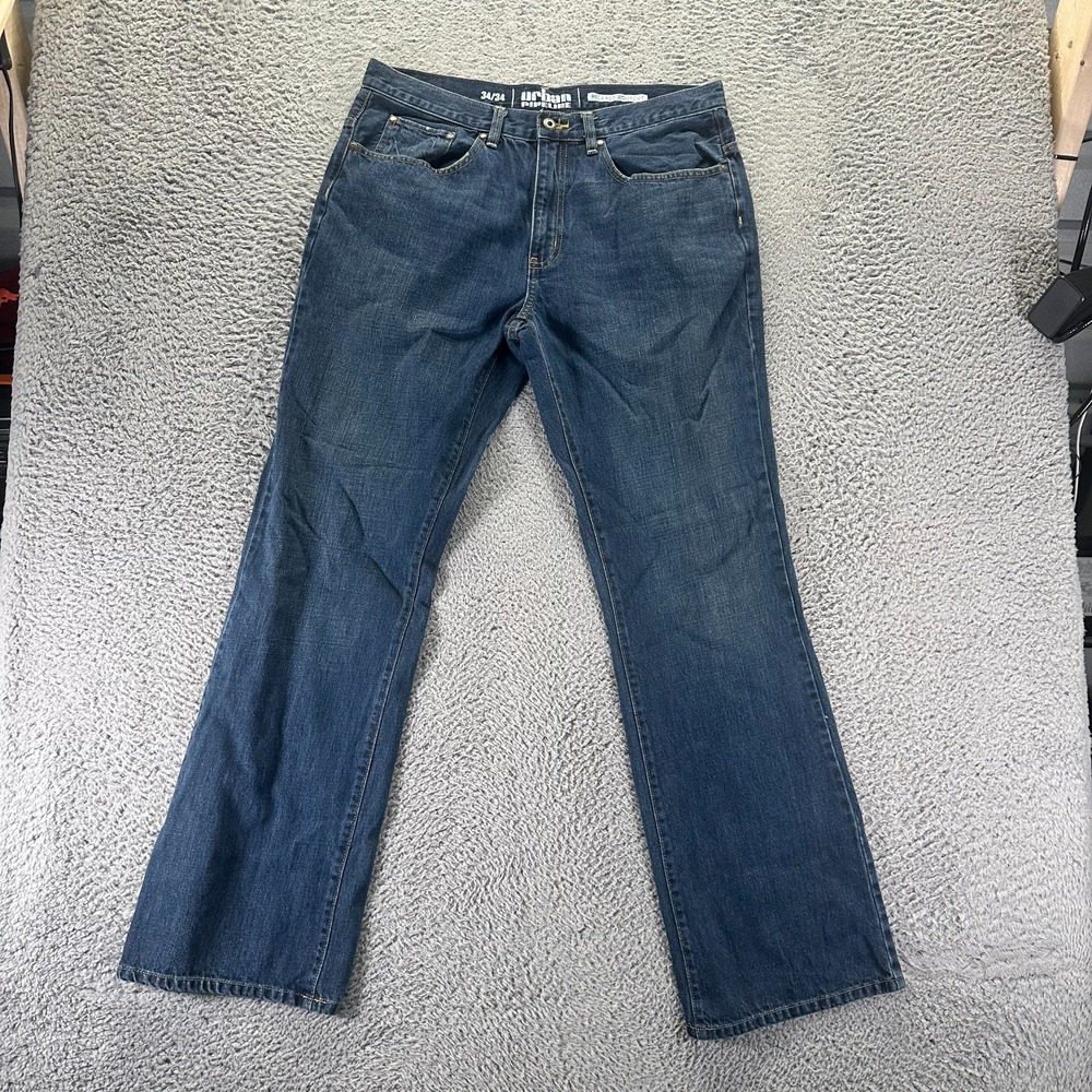 Urban Pipeline Jeans Mens 34x34 Blue Cotton Denim Bootcut Leg Relaxed Fit Faded